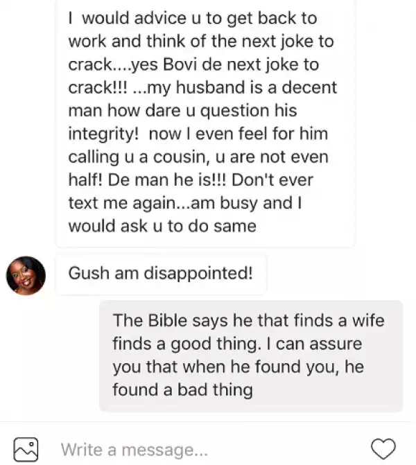 Bovi calls out woman who has been trying to 